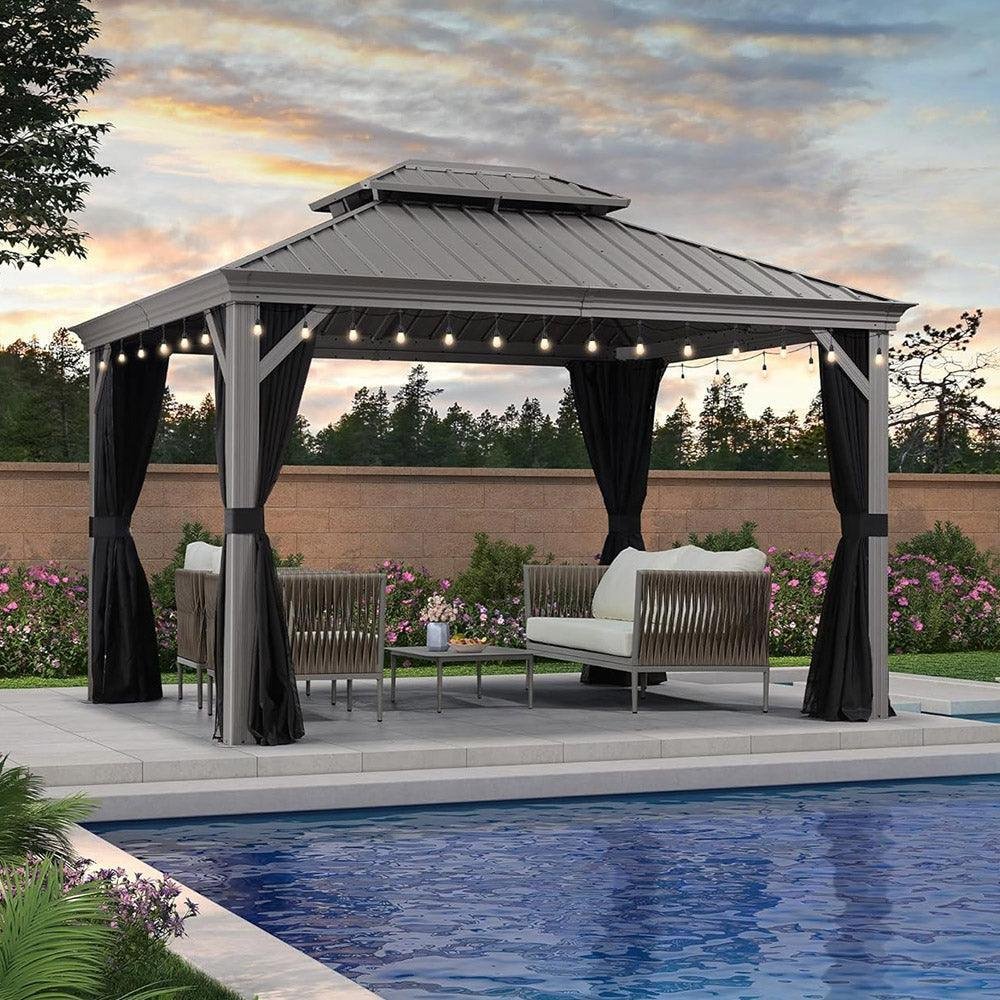 Patio Gazebo for Pool Light Grey Hardtop Galvanized Steel Roof with String Lights-clear - Image 15