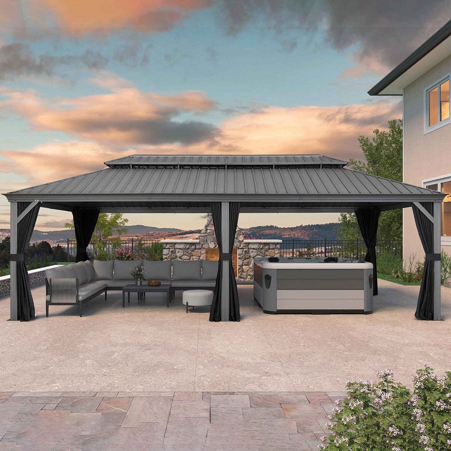 Patio Gazebo for Pool Light Grey Hardtop Galvanized Steel Roof with String Lights-clear - Image 17