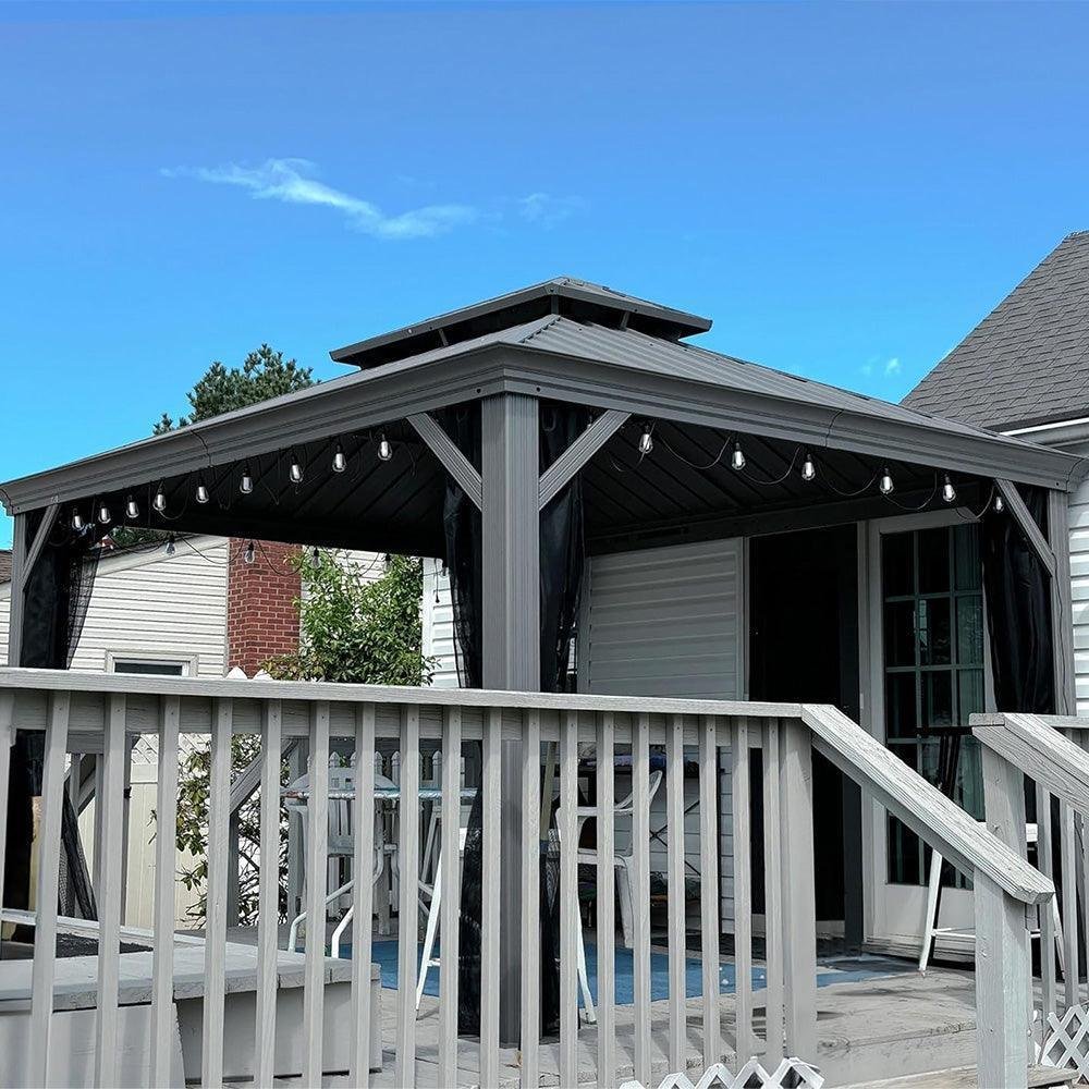 Patio Gazebo for Pool Light Grey Hardtop Galvanized Steel Roof with String Lights-clear - Image 20
