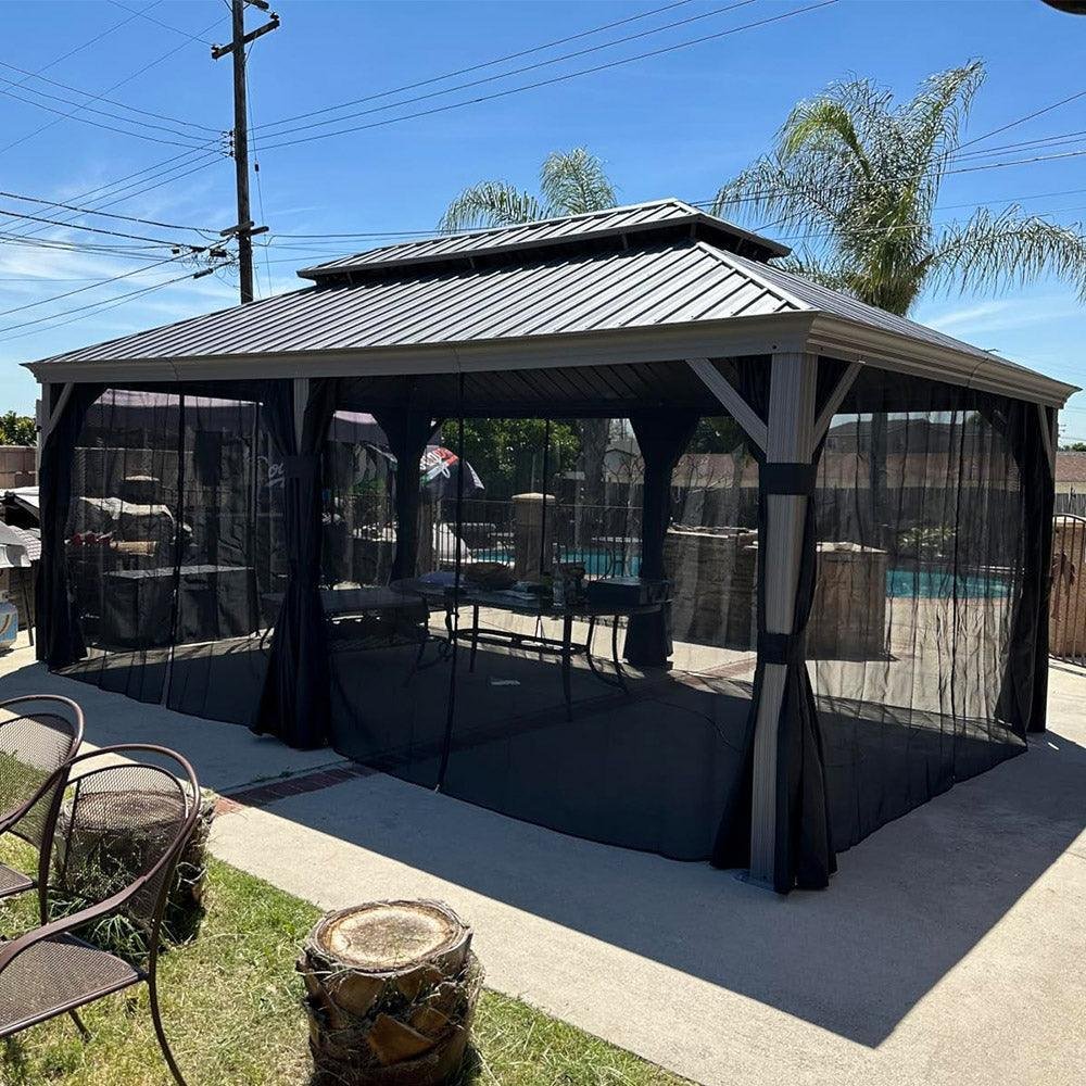 Patio Gazebo for Pool Light Grey Hardtop Galvanized Steel Roof with String Lights-clear - Image 25