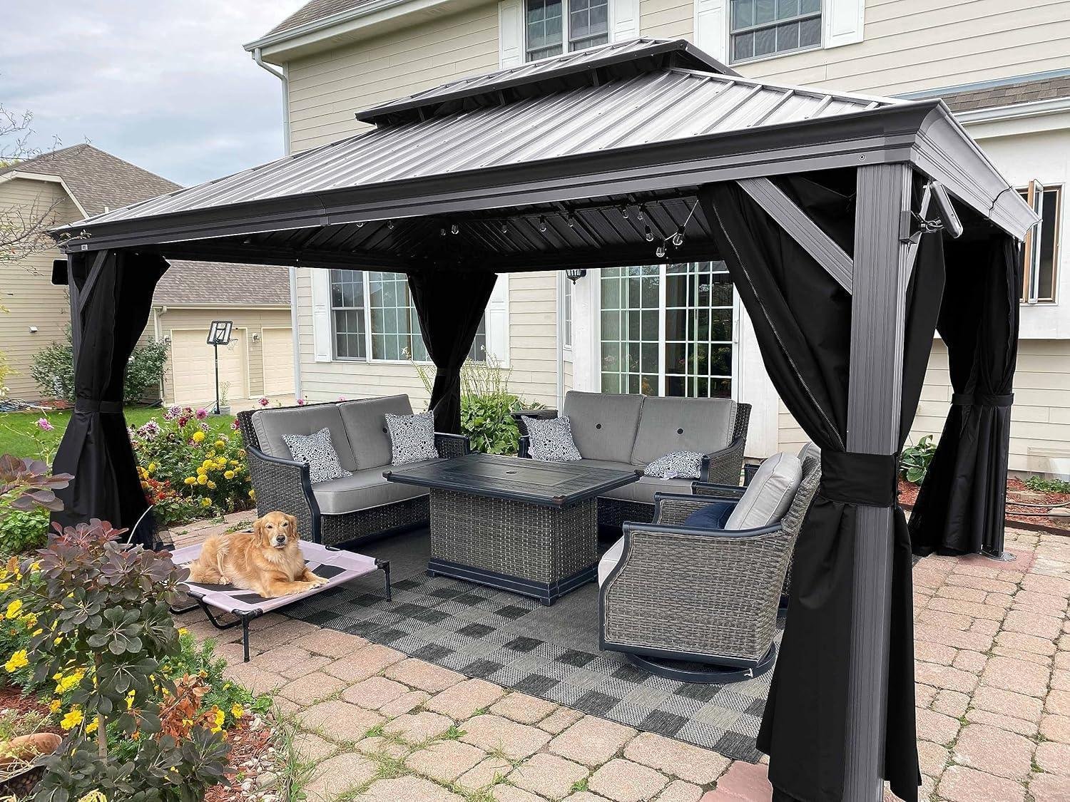 Patio Gazebo for Pool Light Grey Hardtop Galvanized Steel Roof with Upgraded Curtains - Image 17