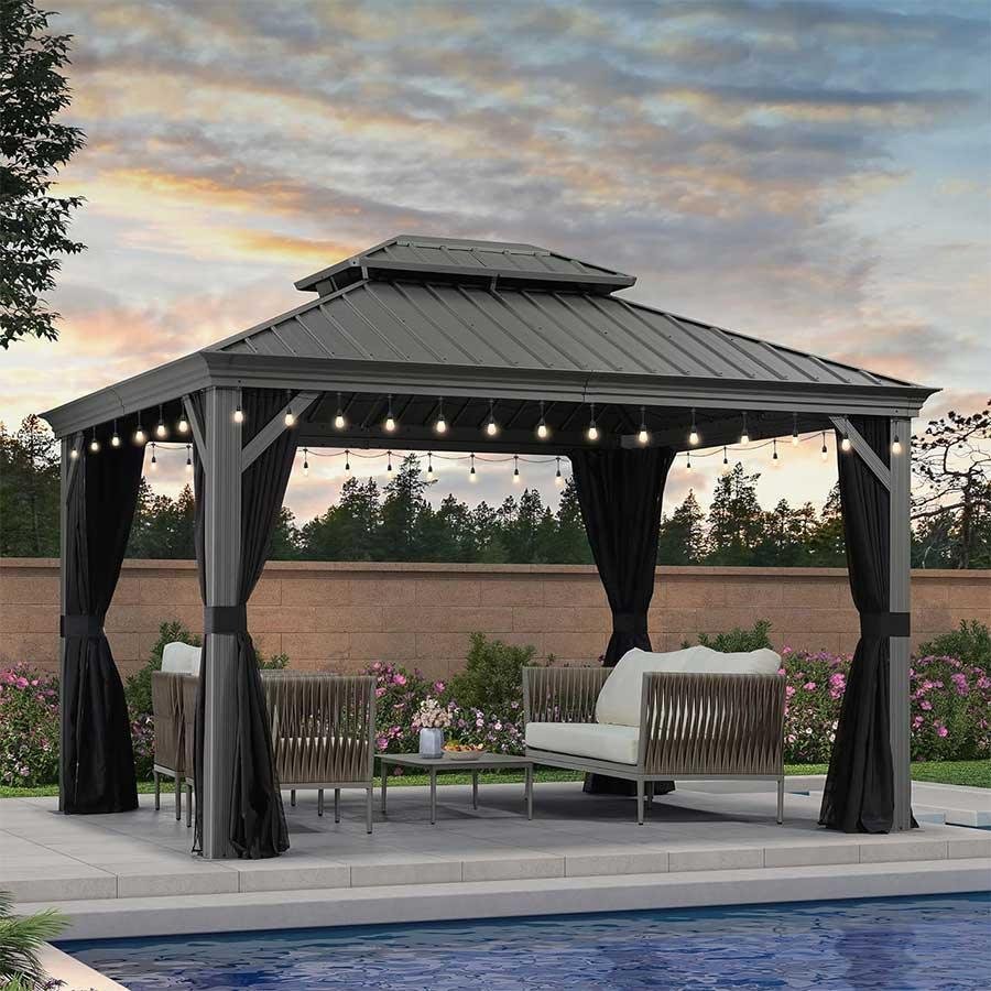 Patio Gazebo for Pool Light Grey Hardtop Galvanized Steel Roof with Upgraded Curtains - Image 20