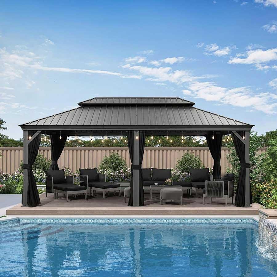 Patio Gazebo for Pool Light Grey Hardtop Galvanized Steel Roof with Upgraded Curtains - Image 21