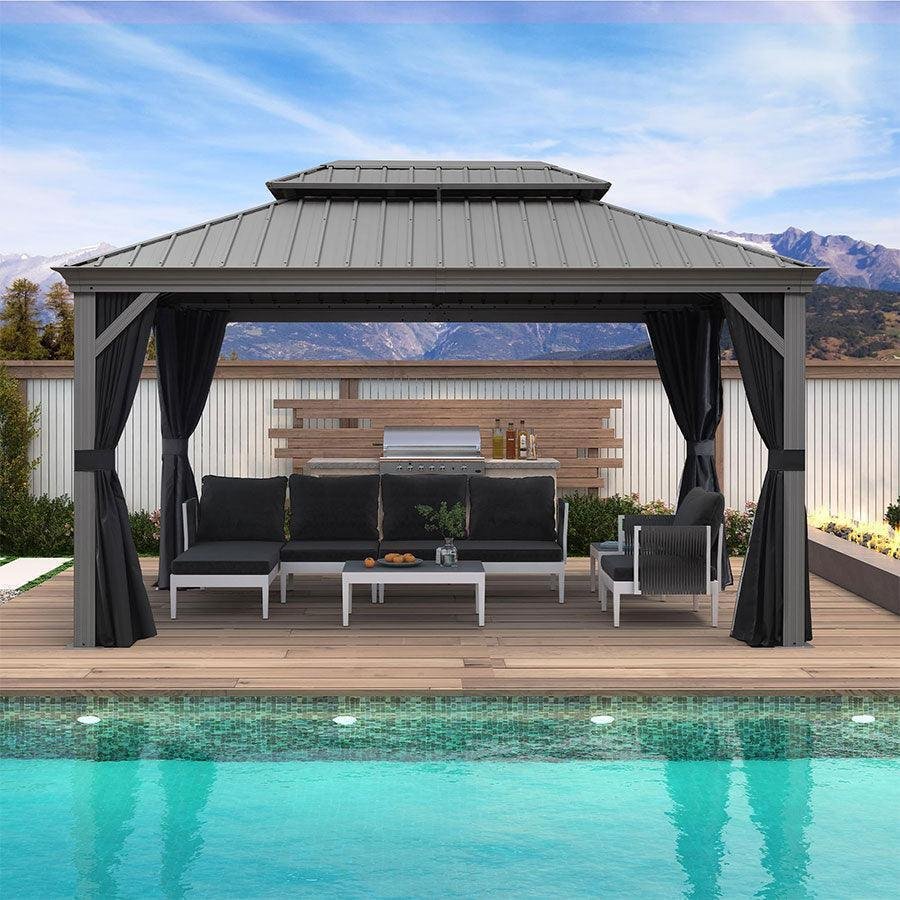Patio Gazebo for Pool Light Grey Hardtop Galvanized Steel Roof with Upgraded Curtains - Image 23