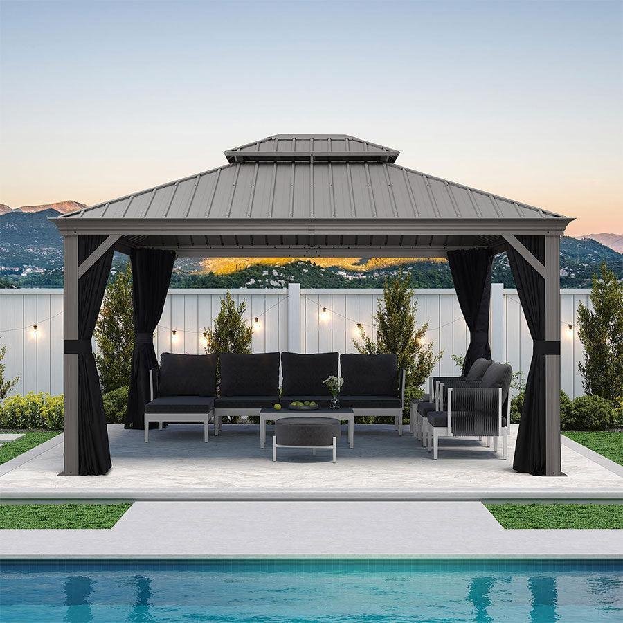 Patio Gazebo for Pool Light Grey Hardtop Galvanized Steel Roof with Upgraded Curtains - Image 24