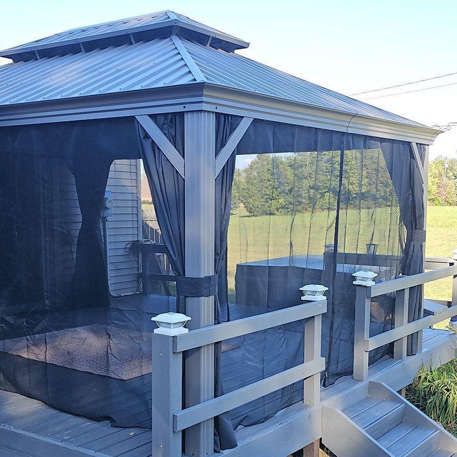 Patio Gazebo for Pool Light Grey Hardtop Galvanized Steel Roof with Upgraded Curtains - Image 27