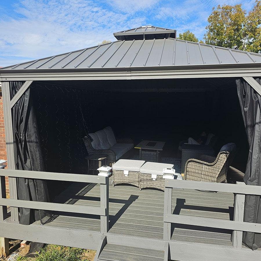 Patio Gazebo for Pool Light Grey Hardtop Galvanized Steel Roof with Upgraded Curtains - Image 28