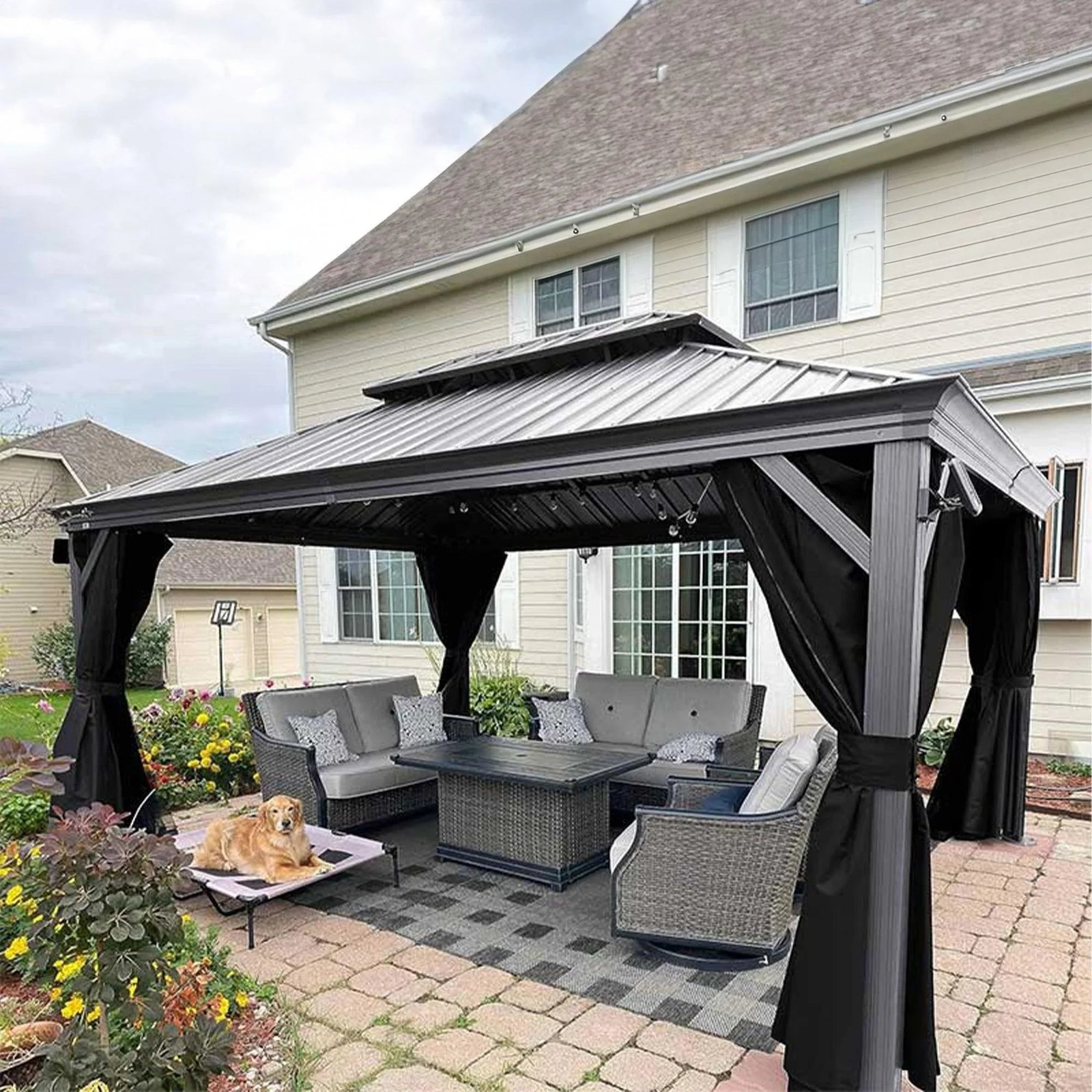 Patio Gazebo for Pool Light Grey Hardtop Galvanized Steel Roof with Upgraded Curtains - Image 30
