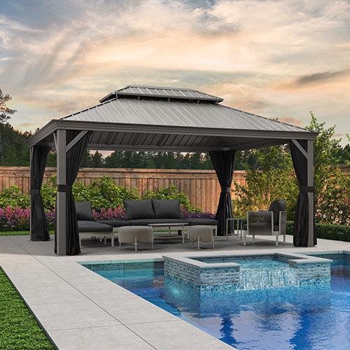 Patio Gazebo for Pool Light Grey Hardtop Galvanized Steel Roof with Upgraded Curtains - Image 31