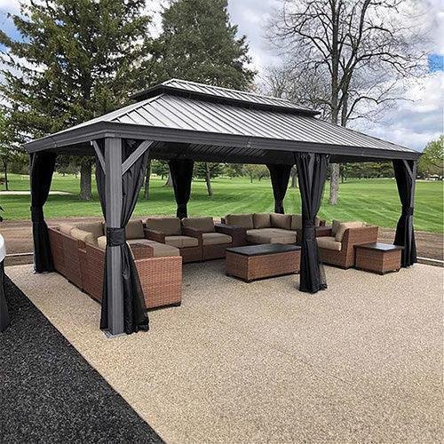 Patio Gazebo for Pool Light Grey Hardtop Galvanized Steel Roof with Upgraded Curtains - Image 32