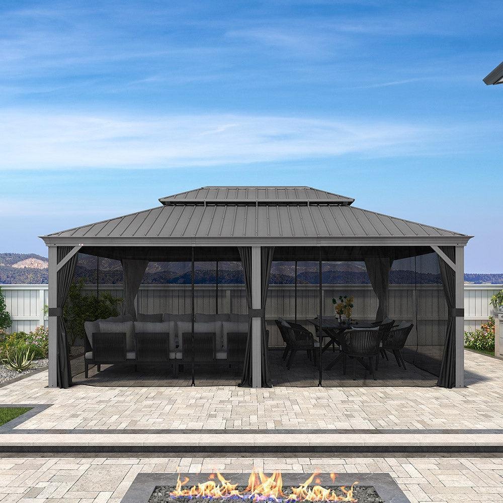 Patio Gazebo for Pool Light Grey Hardtop Galvanized Steel Roof with Upgraded Curtains - Image 36