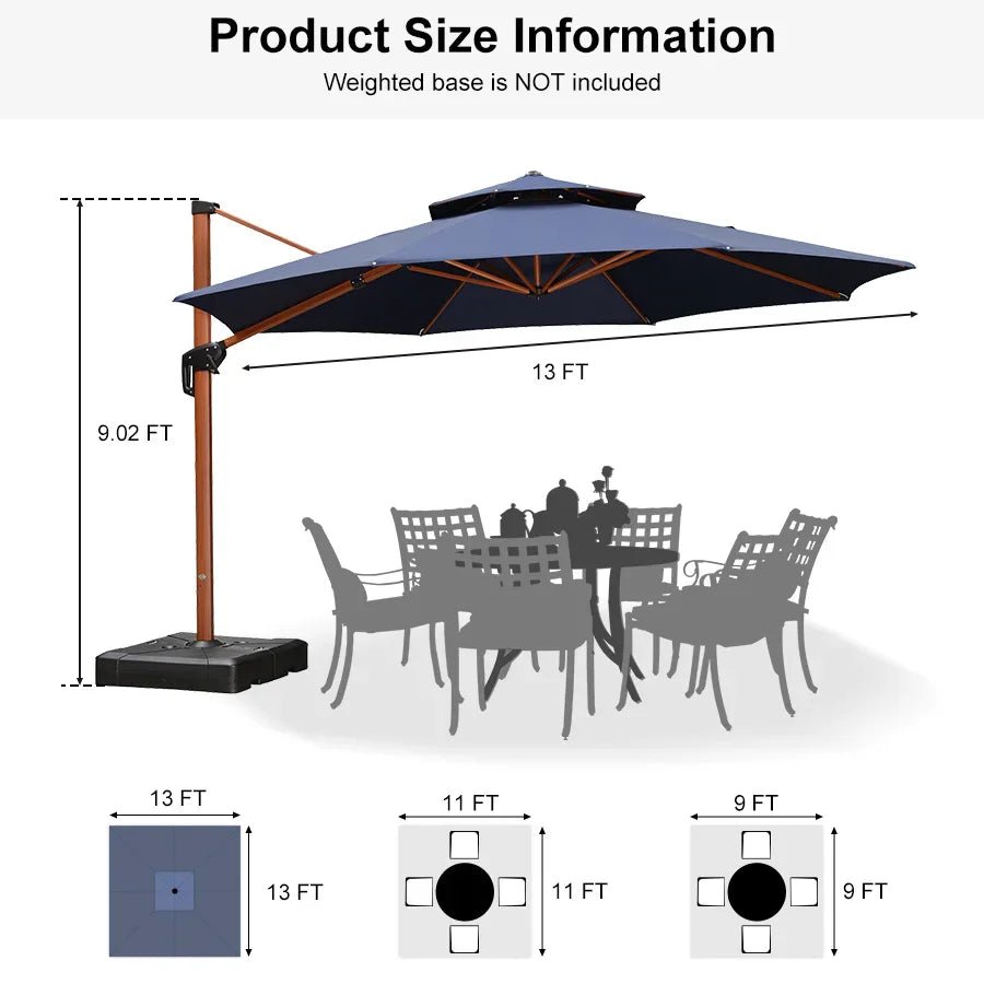 Double Top 10 / 11 / 12 / 13 ft Round Aluminum Patio Umbrella in Wood Color - Image 145