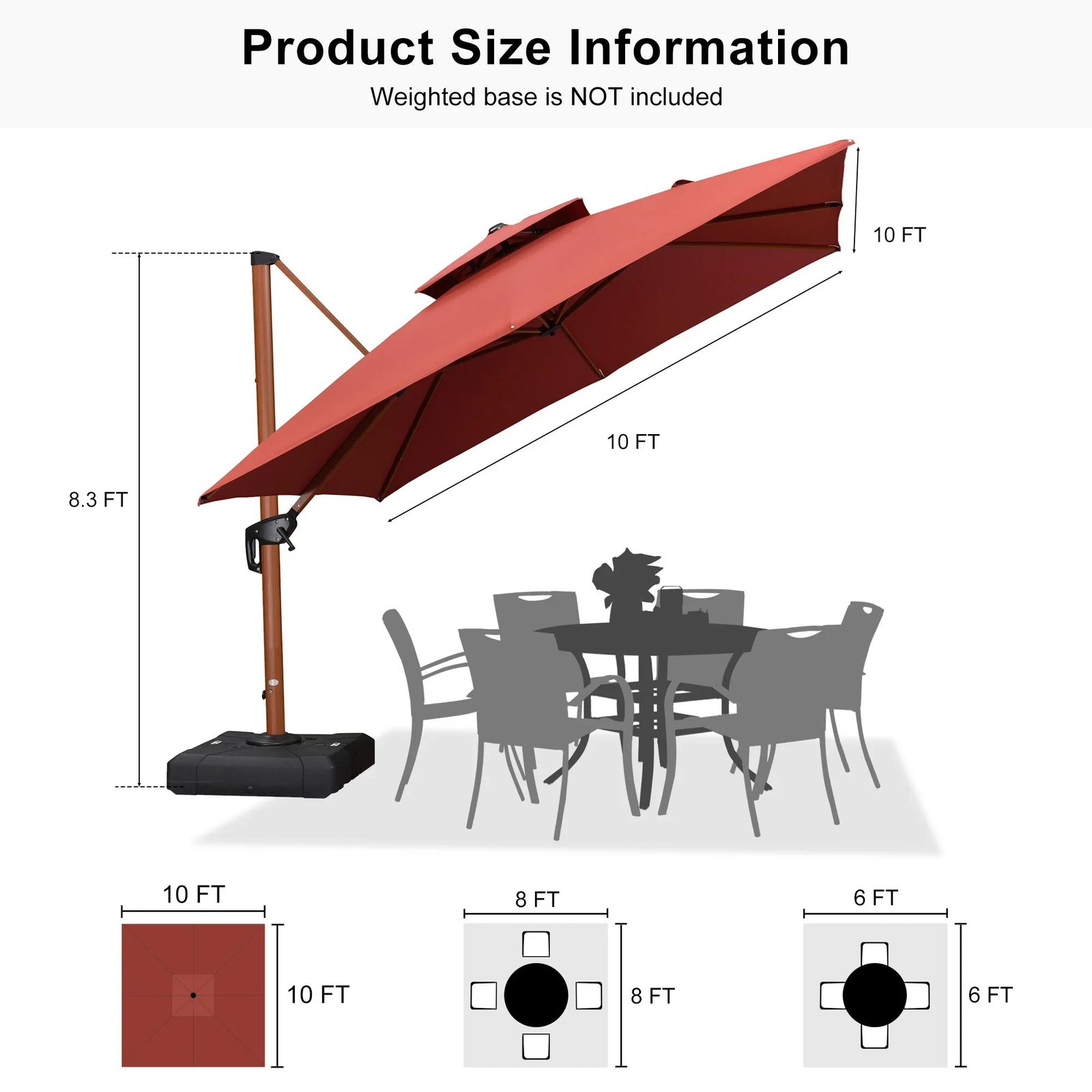 Double Top 9 / 10 / 11 / 12 ft Square Aluminum Sun Umbrellas in Wood Color - Image 173