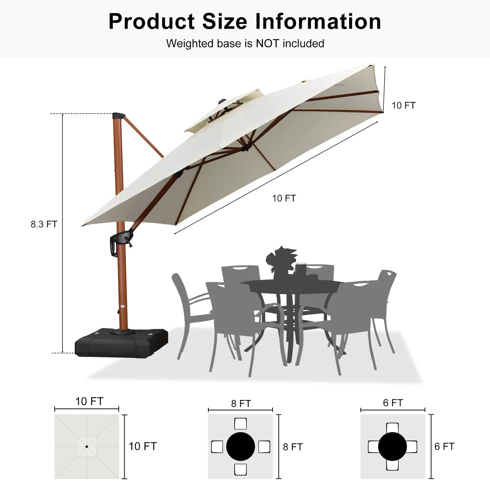 Double Top 9 / 10 / 11 / 12 ft Square Aluminum Sun Umbrellas in Wood Color - Image 166
