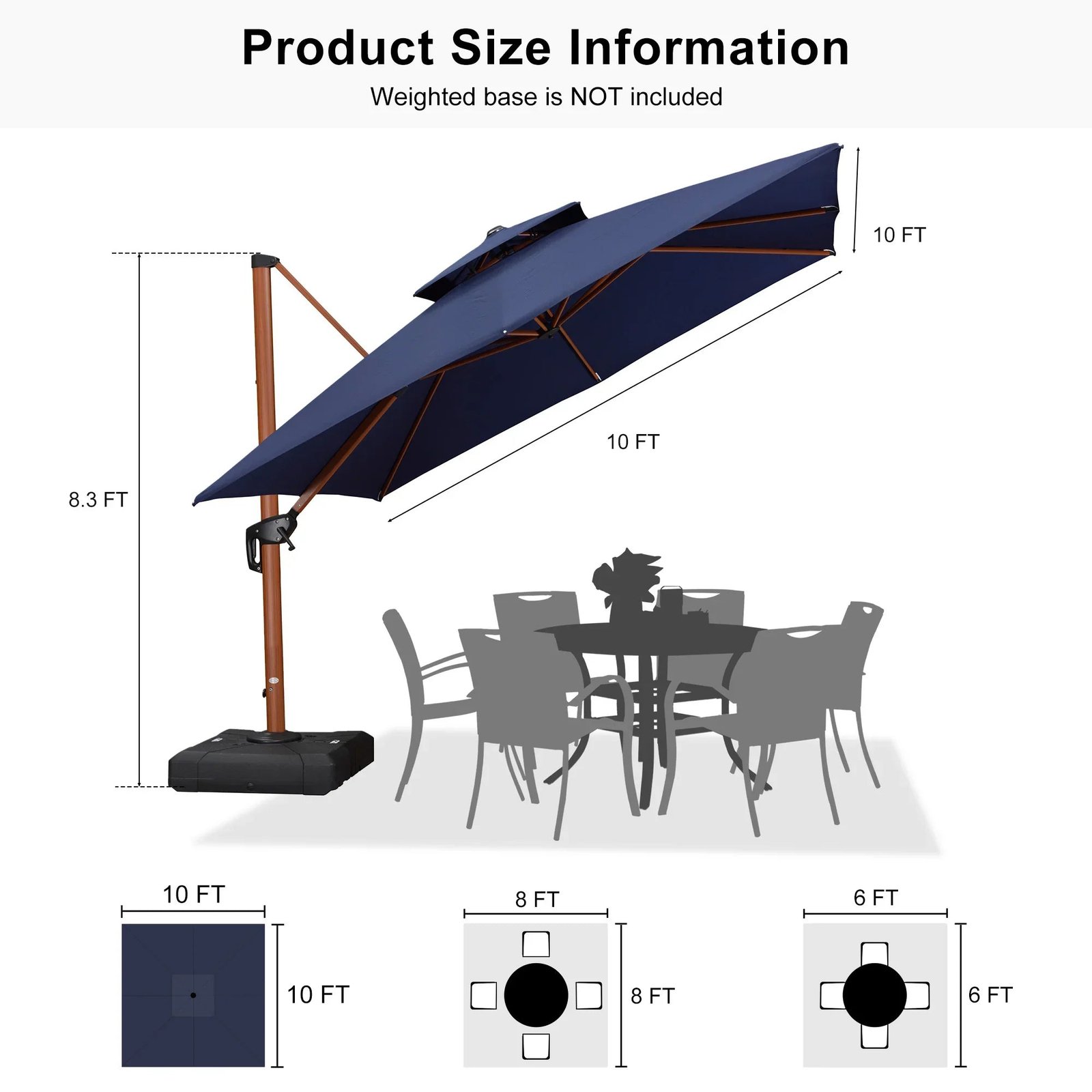 Double Top 9 / 10 / 11 / 12 ft Square Aluminum Sun Umbrellas in Wood Color - Image 171