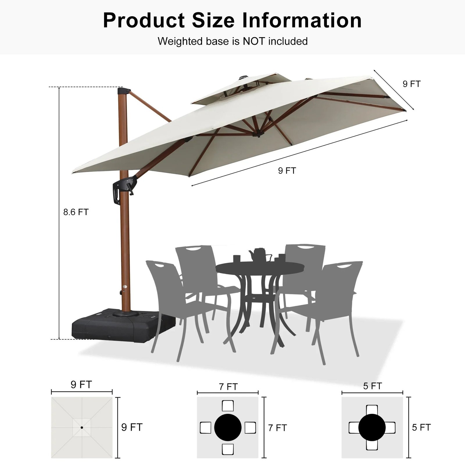 Double Top 9 / 10 / 11 / 12 ft Square Aluminum Sun Umbrellas in Wood Color - Image 170