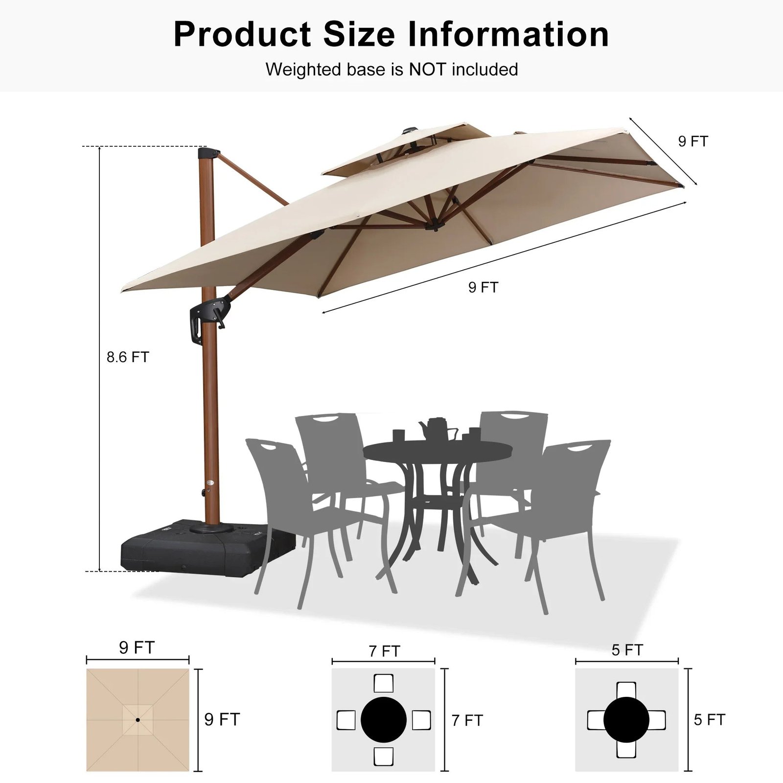 Double Top 9 / 10 / 11 / 12 ft Square Aluminum Sun Umbrellas in Wood Color - Image 168
