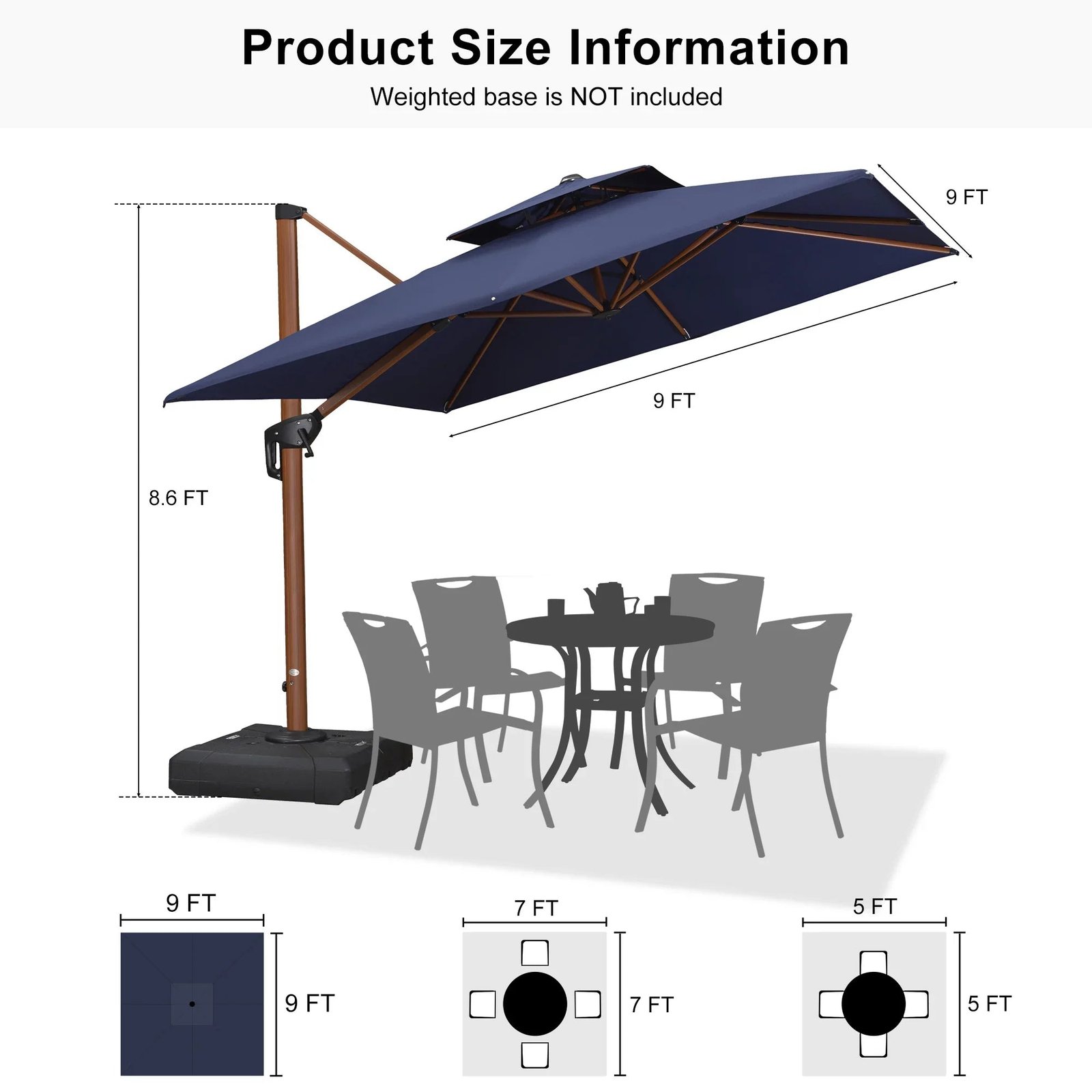 Double Top 9 / 10 / 11 / 12 ft Square Aluminum Sun Umbrellas in Wood Color - Image 167